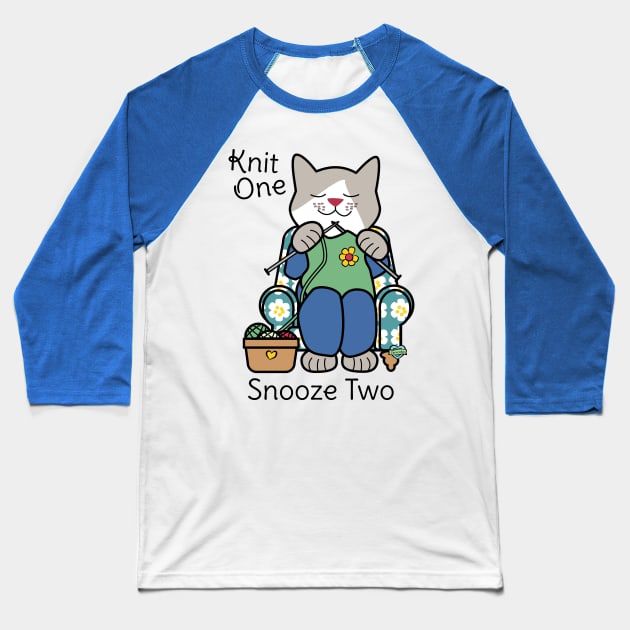 Knit One Snooze Two Knitting Kitty Baseball T-Shirt by Sue Cervenka